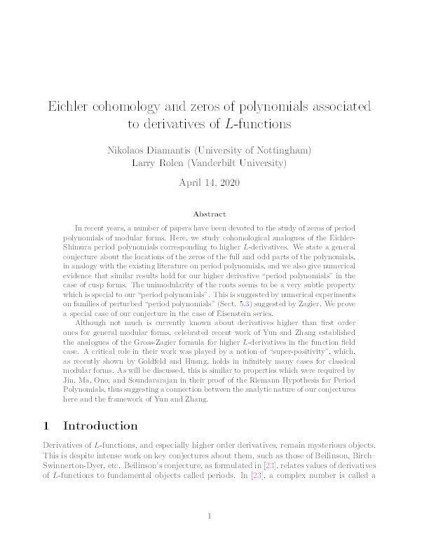 Eichler cohomology and zeros of polynomials associated to derivatives of L-functions Thumbnail