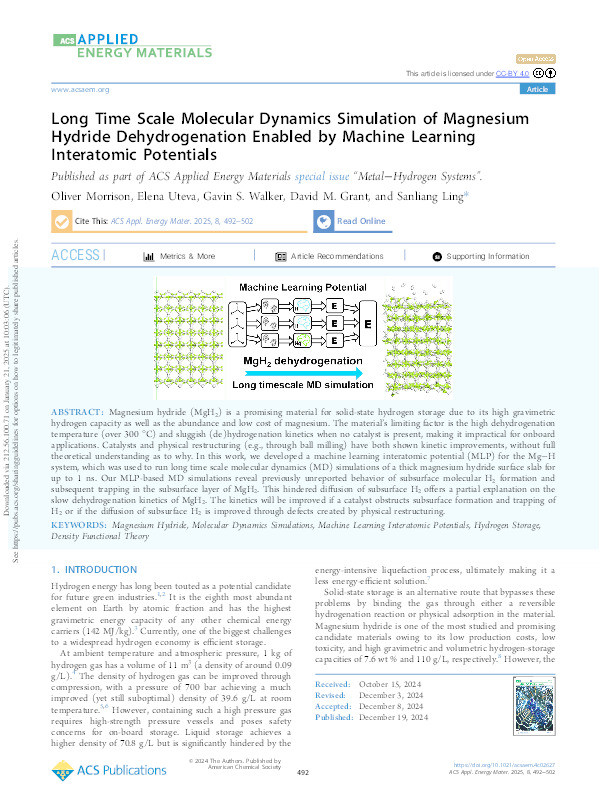 Long Time Scale Molecular Dynamics Simulation of Magnesium Hydride Dehydrogenation Enabled by Machine Learning Interatomic Potentials Thumbnail