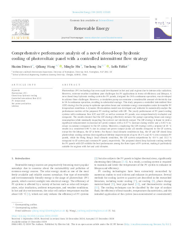 Comprehensive performance analysis of a novel closed-loop hydronic cooling of photovoltaic panel with a controlled intermittent flow strategy Thumbnail