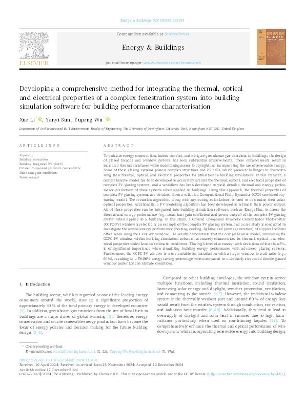 Developing a comprehensive method for integrating the thermal, optical and electrical properties of a complex fenestration system into building simulation software for building performance characterisation Thumbnail