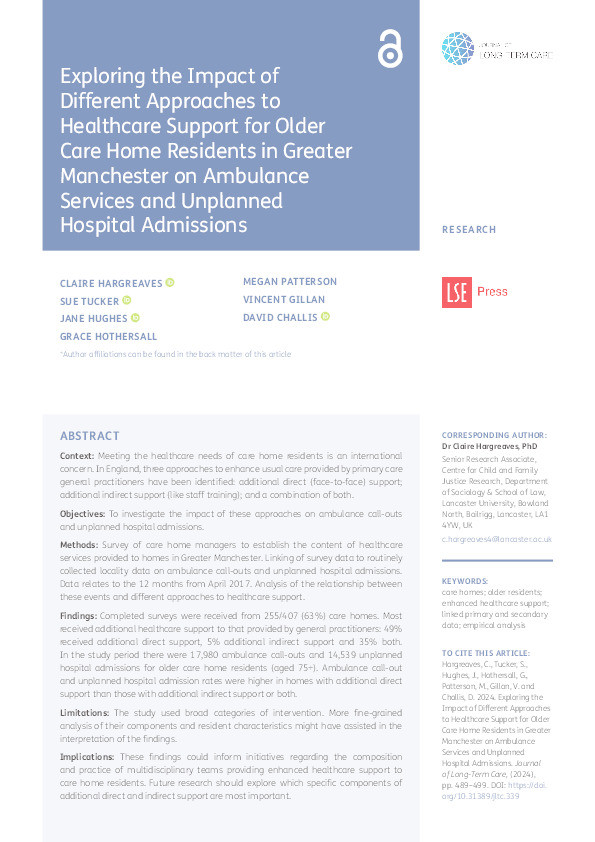 Exploring the Impact of Different Approaches to Healthcare Support for Older Care Home Residents in Greater Manchester on Ambulance Services and Unplanned Hospital Admissions Thumbnail