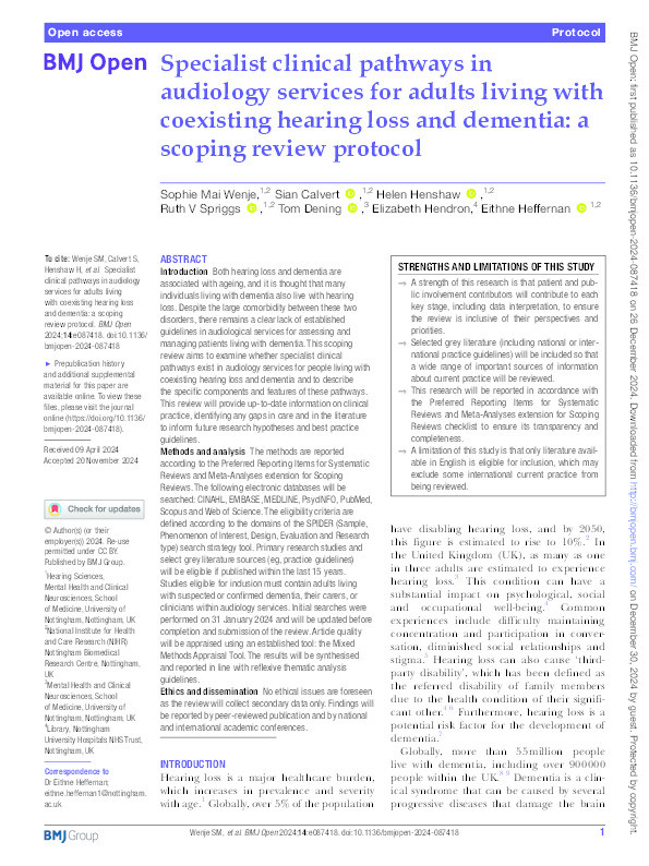 Specialist clinical pathways in audiology services for adults living with coexisting hearing loss and dementia: a scoping review protocol Thumbnail