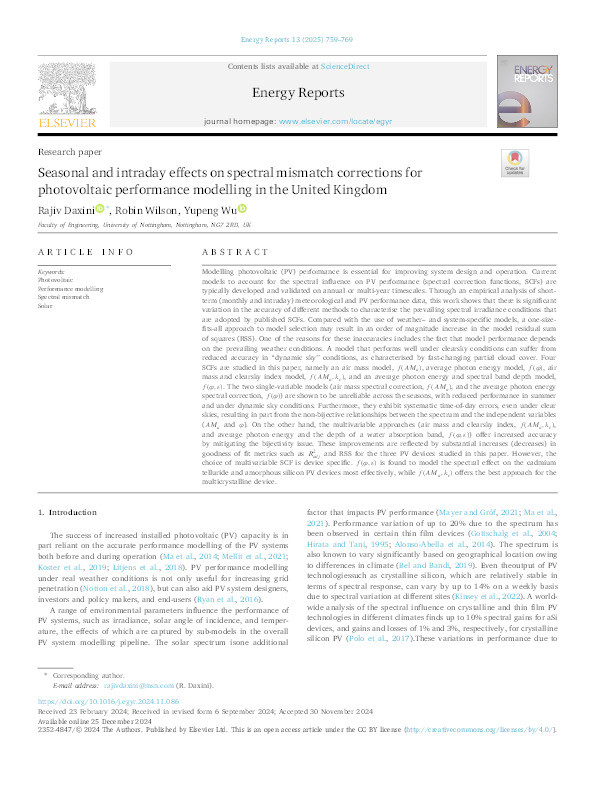 Seasonal and intraday effects on spectral mismatch corrections for photovoltaic performance modelling in the United Kingdom Thumbnail