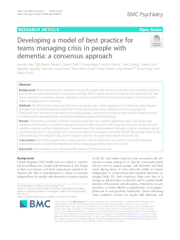 Developing a model of best practice for teams managing crisis in people with dementia: a consensus approach Thumbnail