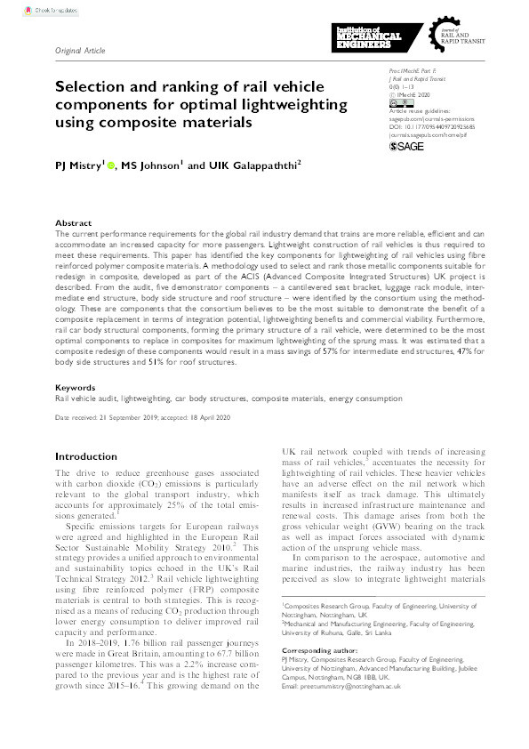 Selection and ranking of rail vehicle components for optimal lightweighting using composite materials Thumbnail