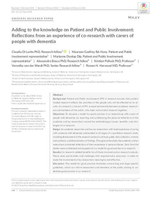 Adding to the knowledge on Patient and Public Involvement: Reflections from an experience of co-research with carers of people with dementia Thumbnail