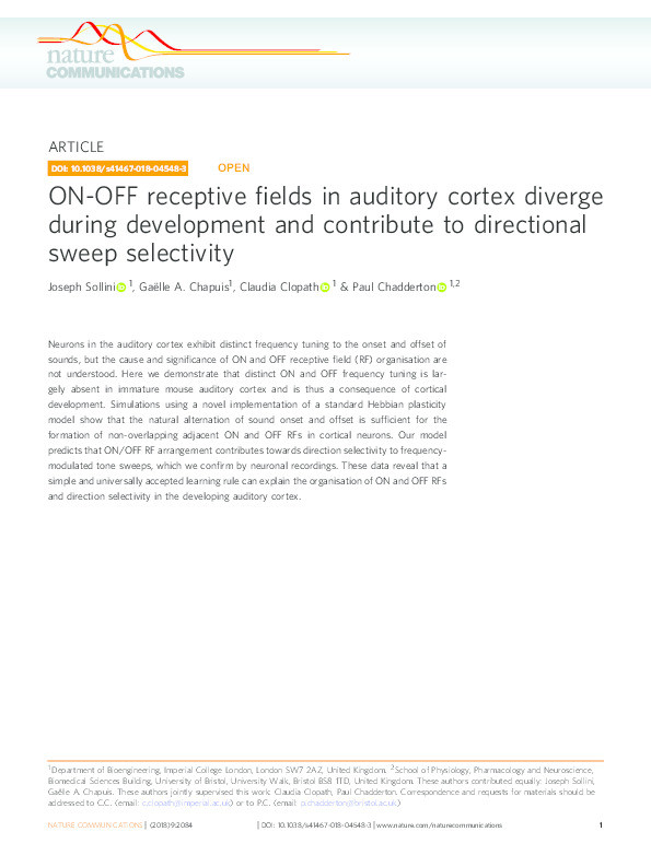 ON-OFF receptive fields in auditory cortex diverge during development and contribute to directional sweep selectivity Thumbnail