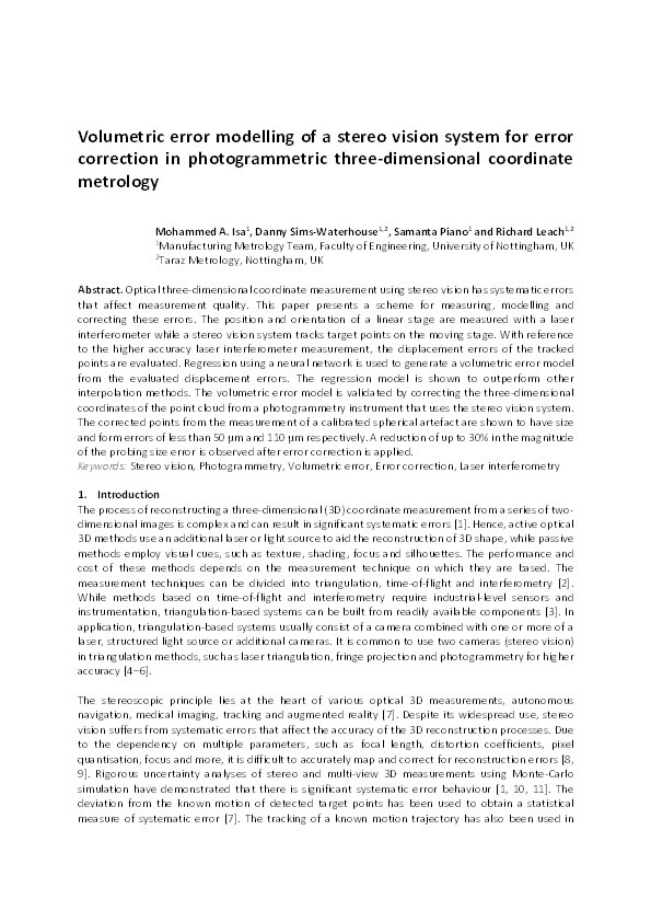 Volumetric error modelling of a stereo vision system for error correction in photogrammetric three-dimensional coordinate metrology Thumbnail