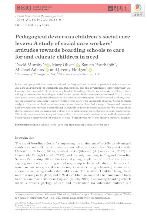 Pedagogical devices as children’s social care levers: A study of social care workers’ attitudes towards boarding schools to care for and educate children in need Thumbnail