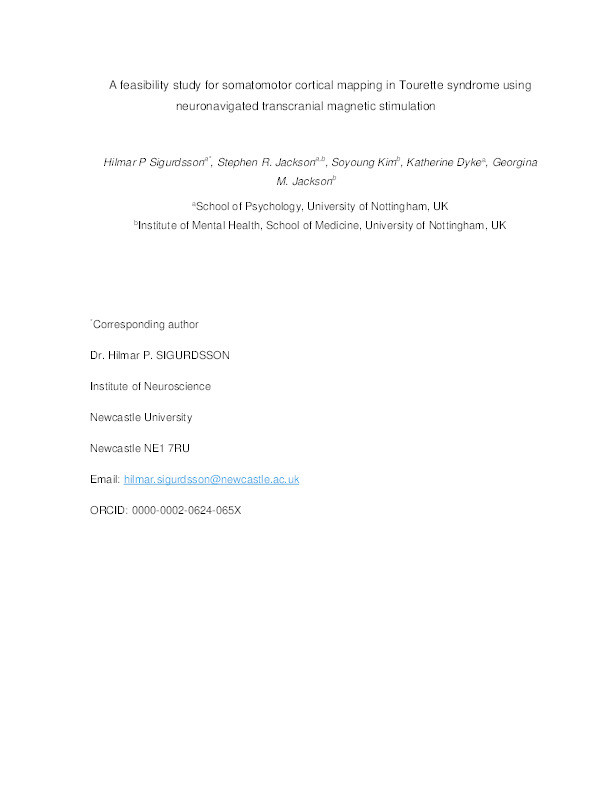 A feasibility study for somatomotor cortical mapping in Tourette syndrome using neuronavigated transcranial magnetic stimulation Thumbnail