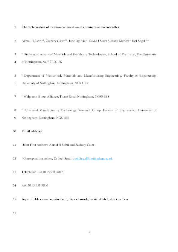 Characterisation of mechanical insertion of commercial microneedles Thumbnail