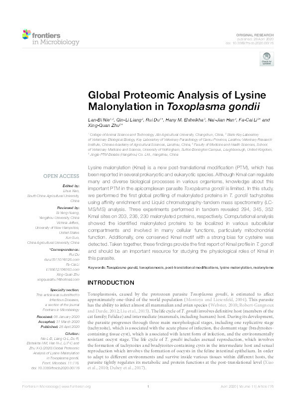 Global Proteomic Analysis of Lysine Malonylation in Toxoplasma gondii Thumbnail