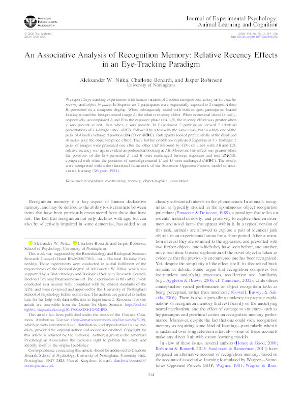 An associative analysis of recognition memory: Relative recency effects in an eye-tracking paradigm Thumbnail