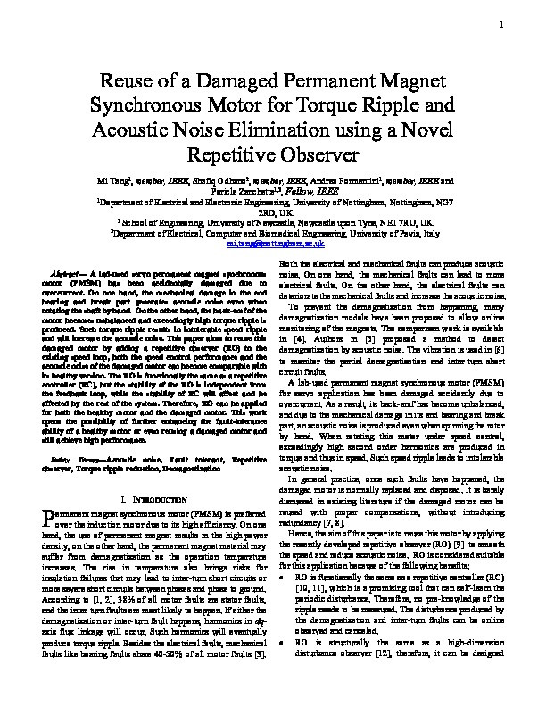 Reuse of a Damaged Permanent Magnet Synchronous Motor for Torque Ripple and Acoustic Noise Elimination using a Novel Repetitive Observer Thumbnail