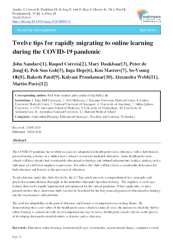 Twelve tips for rapidly migrating to online learning during the COVID-19 pandemic Thumbnail