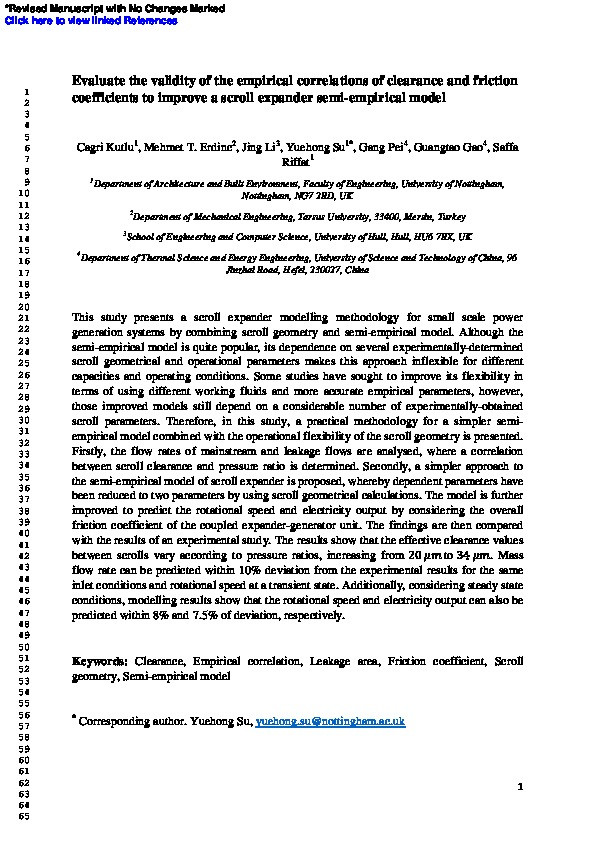 Evaluate the validity of the empirical correlations of clearance and friction coefficients to improve a scroll expander semi-empirical model Thumbnail