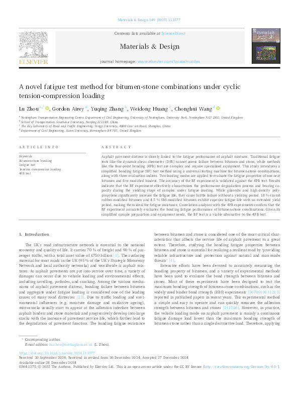 A novel fatigue test method for bitumen-stone combinations under cyclic tension-compression loading Thumbnail