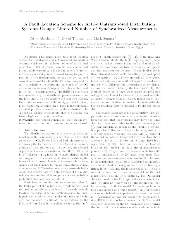 A Fault Location Scheme for Active Untransposed Distribution Systems Using a Limited Number of Synchronized Measurements Thumbnail