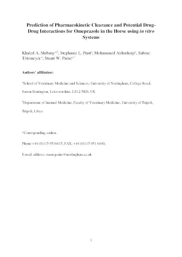 Prediction of Pharmacokinetic Clearance and Potential Drug-Drug Interactions for Omeprazole in the Horse using in vitro Systems Thumbnail