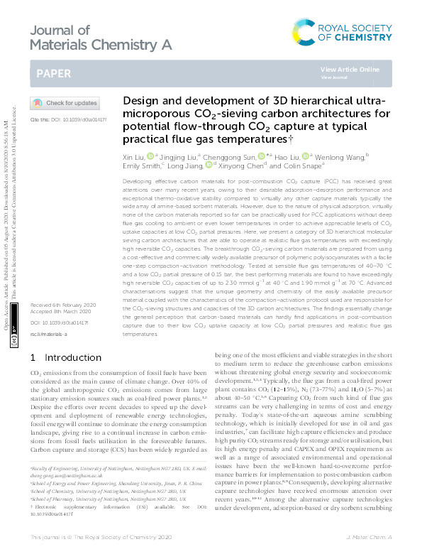 Design and development of 3D hierarchical ultra-microporous CO2-sieving carbon architectures for potential flow-through CO2 capture at typical practical flue gas temperatures Thumbnail