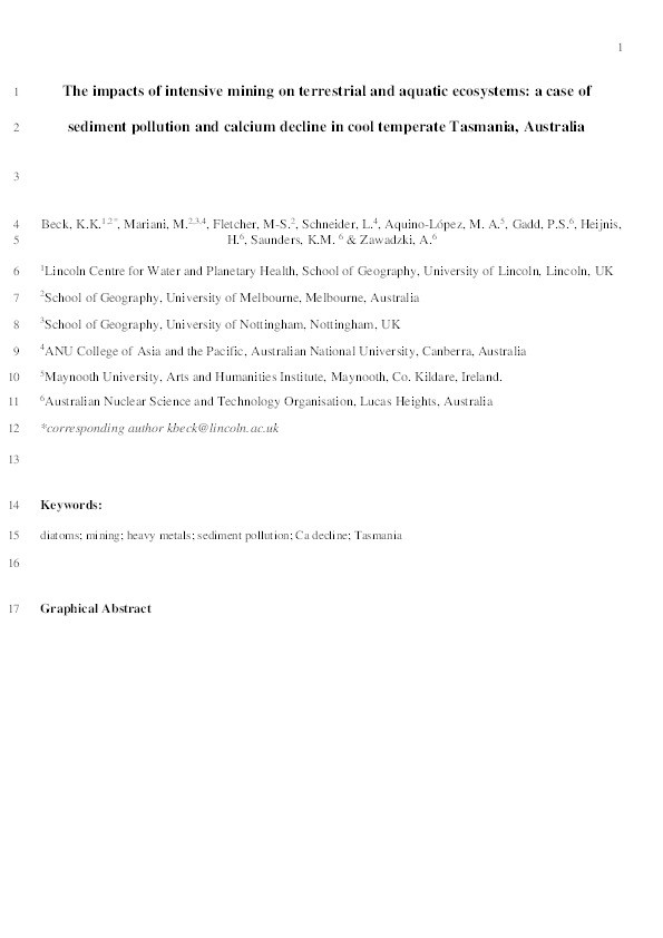 The impacts of intensive mining on terrestrial and aquatic ecosystems: A case of sediment pollution and calcium decline in cool temperate Tasmania, Australia Thumbnail