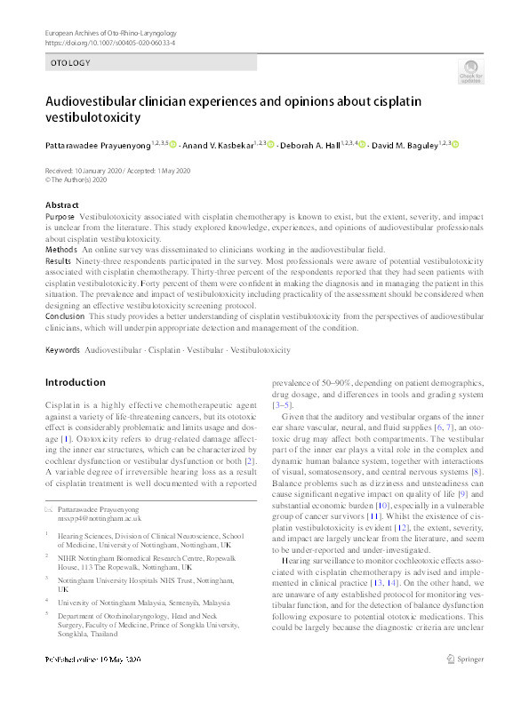 Audiovestibular clinician experiences and opinions about cisplatin vestibulotoxicity Thumbnail
