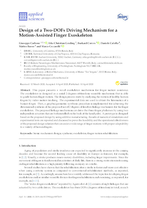 Design of a Two-DOFs driving mechanism for a motion-assisted finger exoskeleton Thumbnail