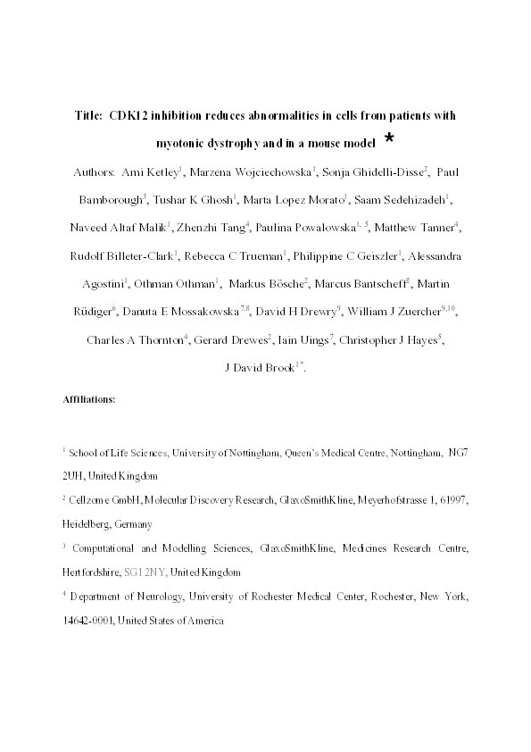 CDK12 inhibition reduces abnormalities in cells from patients with myotonic dystrophy and in a mouse model Thumbnail