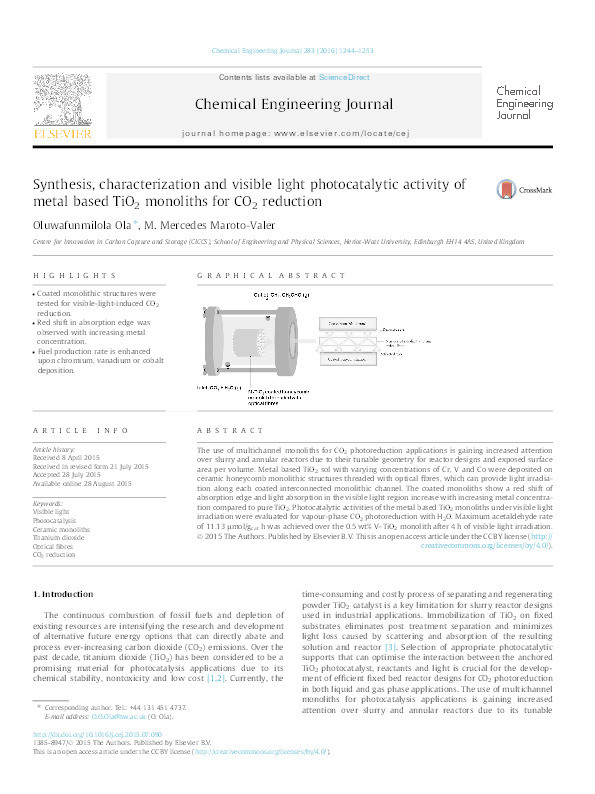 Synthesis, characterization and visible light photocatalytic activity of metal based TiO2 monoliths for CO2 reduction Thumbnail