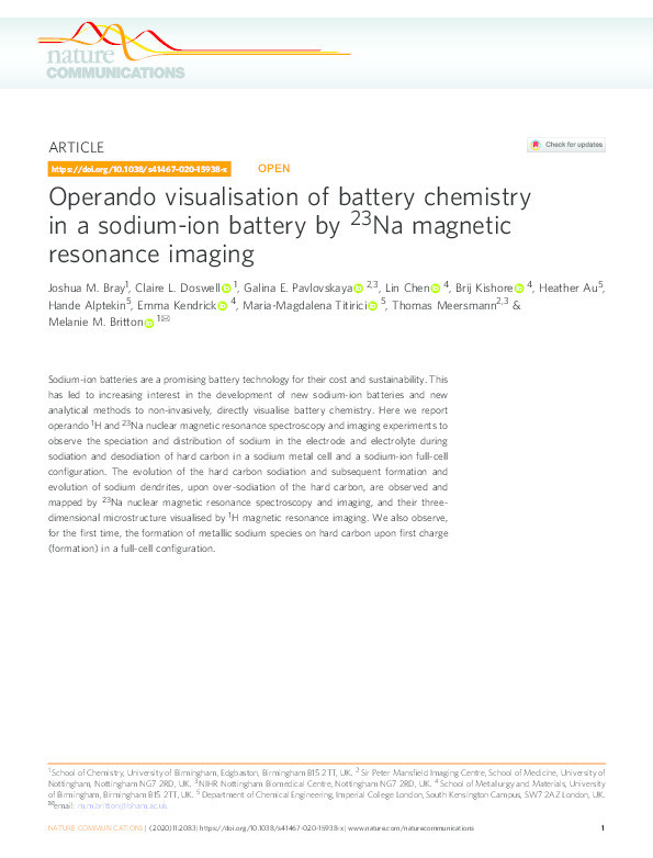 Operando visualisation of battery chemistry in a sodium-ion battery by 23Na magnetic resonance imaging Thumbnail