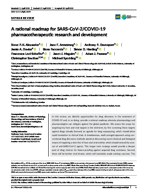 A rational roadmap for SARS-CoV-2/COVID-19 pharmacotherapeutic research and development. IUPHAR Review 29 Thumbnail