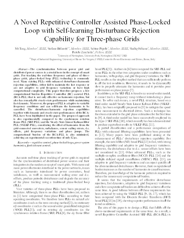 A Novel Repetitive Controller Assisted Phase-Locked Loop with Self-Learning Disturbance Rejection Capability for Three-Phase Grids Thumbnail