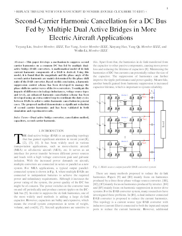 Second-Carrier Harmonic Cancellation for a DC Bus Fed by Multiple Dual Active Bridges in More Electric Aircraft Applications Thumbnail