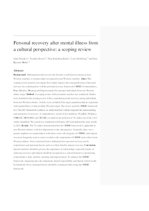 Personal recovery after mental illness from a cultural perspective: A scoping review Thumbnail