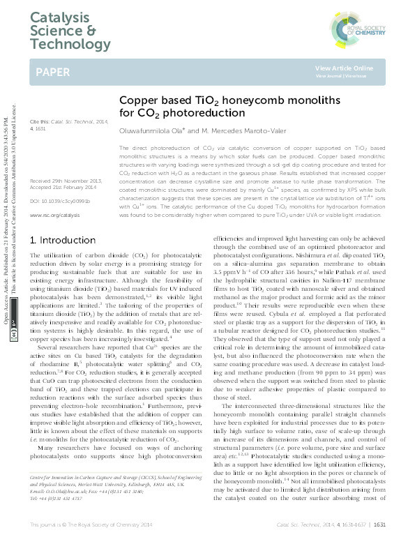 Copper based TiO2 honeycomb monoliths for CO2 photoreduction Thumbnail