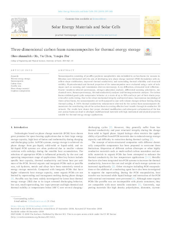 Three-dimensional carbon foam nanocomposites for thermal energy storage Thumbnail