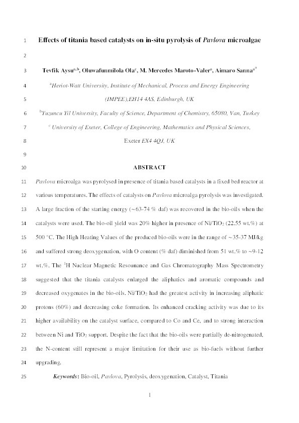 Effects of titania based catalysts on in-situ pyrolysis of Pavlova microalgae Thumbnail