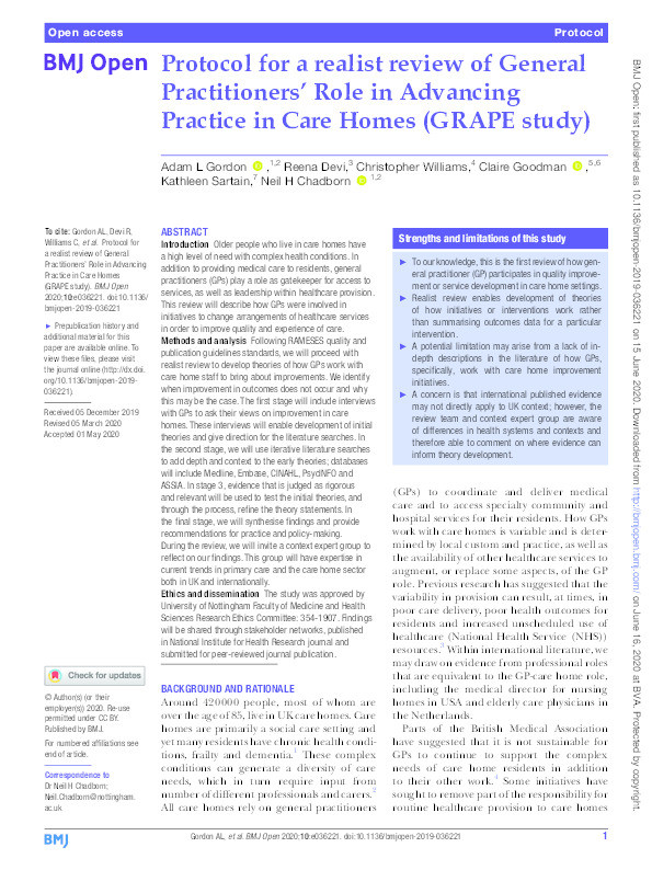 Protocol for a realist review of General Practitioners’ Role in Advancing Practice in Care Homes (GRAPE study) Thumbnail