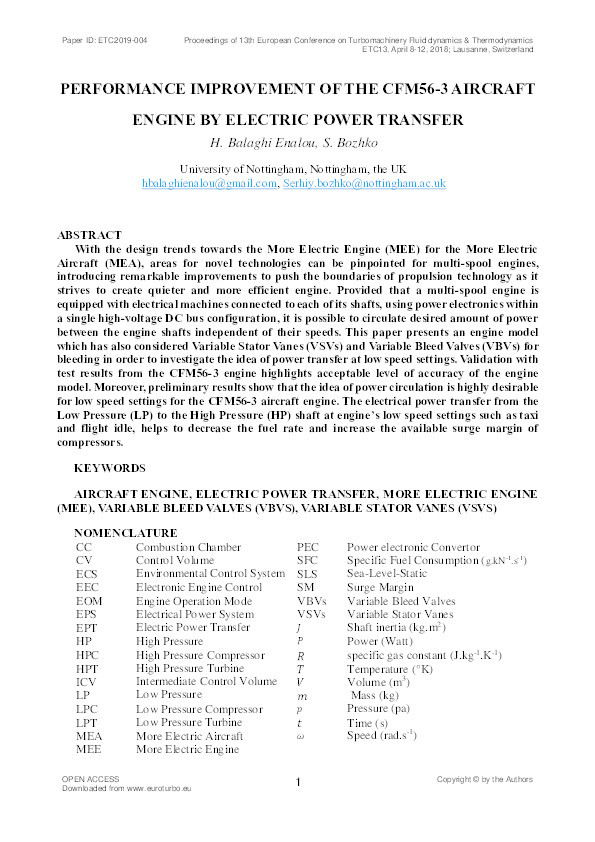 Performance improvement of the CFM56-3 aircraft engine by electric power transfer Thumbnail