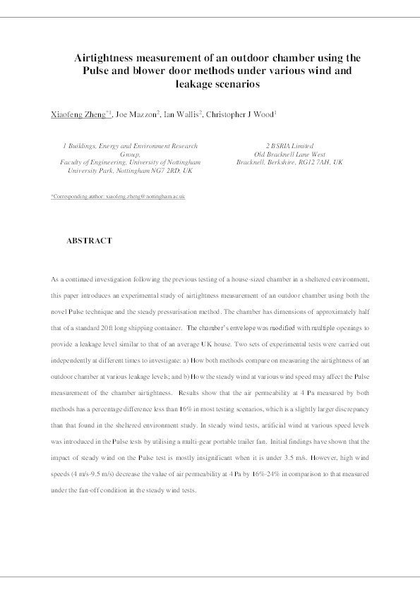 Airtightness measurement of an outdoor chamber using the Pulse and blower door methods under various wind and leakage scenarios Thumbnail
