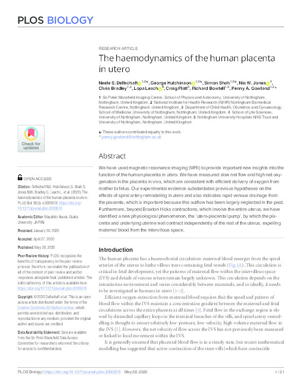 The haemodynamics of the human placenta in utero Thumbnail