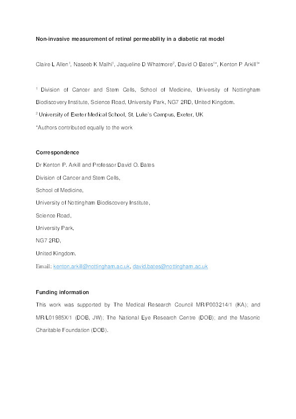 Non‐invasive measurement of retinal permeability in a diabetic rat model Thumbnail