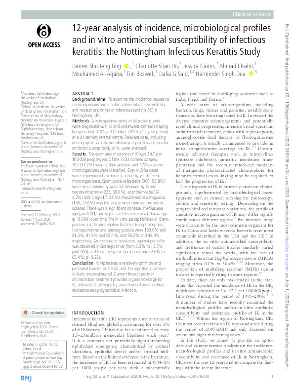 12-year analysis of incidence, microbiological profiles and in vitro antimicrobial susceptibility of infectious keratitis: the Nottingham Infectious Keratitis Study Thumbnail