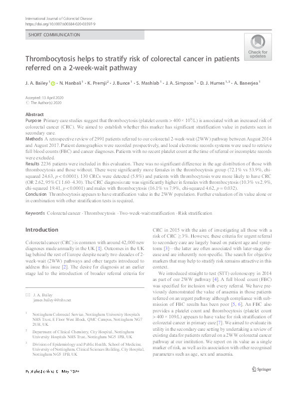 Thrombocytosis helps to stratify risk of colorectal cancer in patients referred on a 2-week-wait pathway Thumbnail