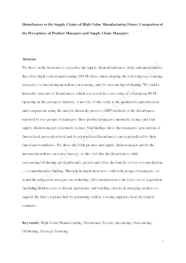 Disturbances to the supply chains of high-value manufacturing firms: comparison of the perceptions of product managers and supply chain managers Thumbnail