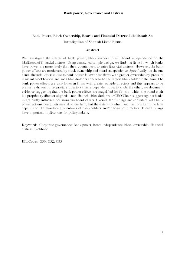 Bank power, block ownership, boards and financial distress likelihood: An investigation of Spanish listed firms Thumbnail