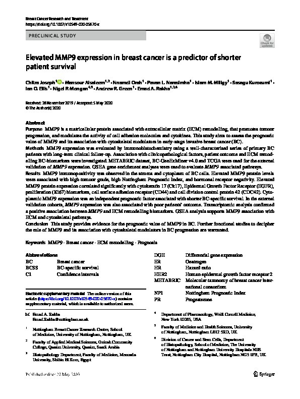 Elevated MMP9 expression in breast cancer is a predictor of shorter patient survival Thumbnail