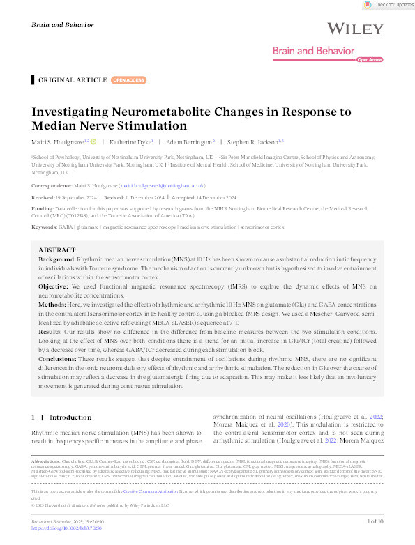 Investigating Neurometabolite Changes in Response to Median Nerve Stimulation Thumbnail