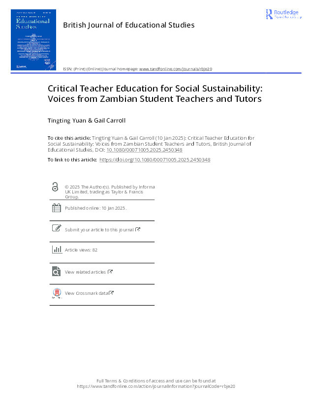 Critical Teacher Education for Social Sustainability: Voices from Zambian Student Teachers and Tutors Thumbnail