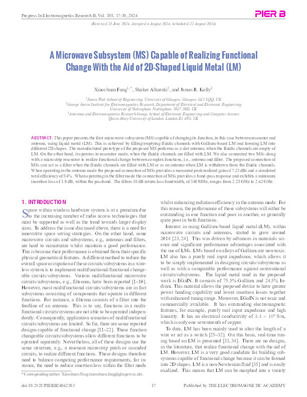 A Microwave Subsystem (MS) Capable of Realizing Functional Change with the Aid of 2D-shaped Liquid Metal (LM) Thumbnail